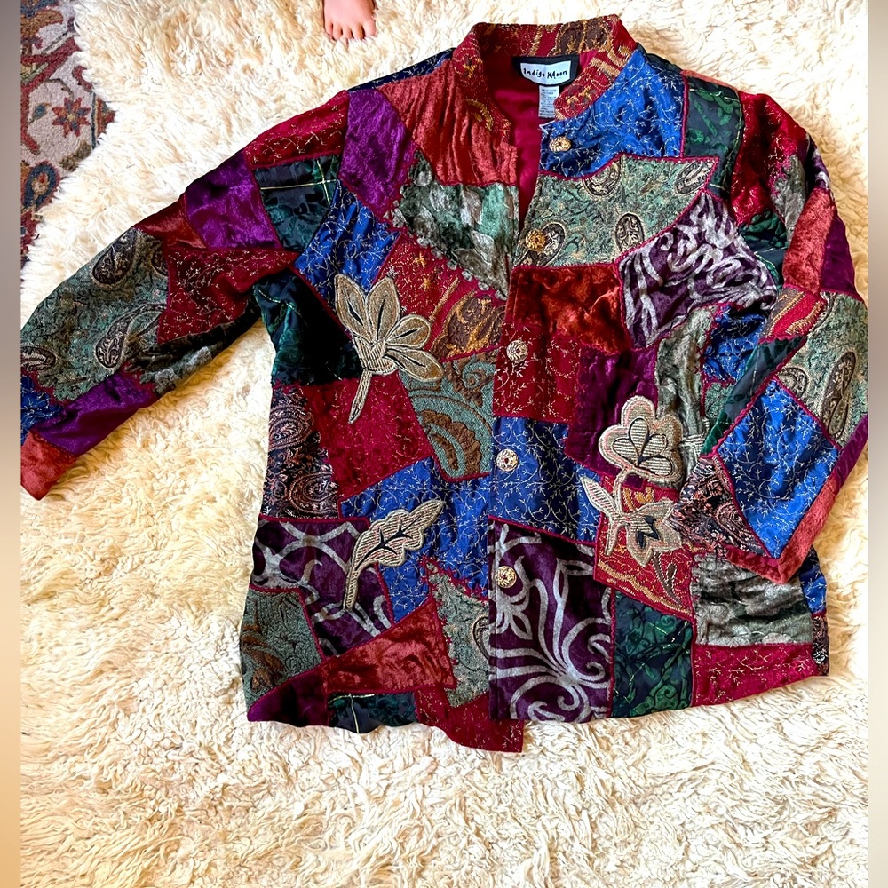 Vintage indigo moon patchwork jacket hippie unique maroon velvet patch